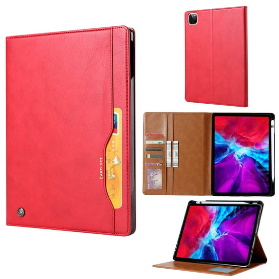 Case for iPad Pro 11 Inch 5th Generation 2024, Soft PU Leather Card Slots Wallet Smart Cover with Sleep / Wake Feature Flip Kickstand with Pencil Holder Folio Case for iPad Pro 11 Inch 2024, Red