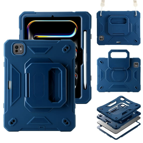 Case for iPad Pro 11 Inch Case 2024 5th Generation (M4), Shockproof Protective Case with Pencil Holder Heavy Duty Rugged, 360° Rotate Stand, Adjustable Hand/Shoulder Strap,Navyblue