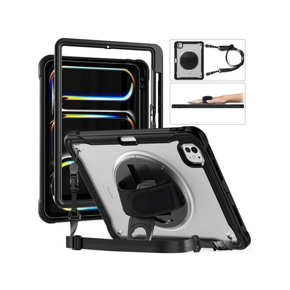 Case for iPad Pro 11 Inch M4 2024 5th Gen Heavy Duty Rugged Shockproof Cover with 360° Rotating Hand Strap Foldable Stand & Shoulder Strap, Pencil Holder
