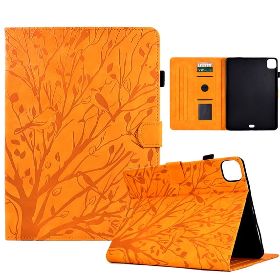 for Case for iPad Pro 11 Inch (M4) 2024 (5th Gen) Released,PU Leather Embossed Tree & Bird Slim Case with Pencil Holder Card Slot Protective Smart Cover for iPad Pro 11 Inch Tablet 2024,Khaki