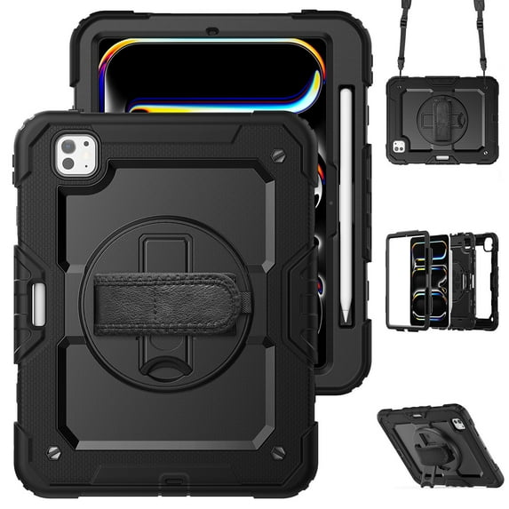 Case for iPad Pro 11 Inch (M4 2024/M5 2025) with Screen Protector, 360 Degree Rotating Kickstand Hand Strap Heavy Duty Shockproof Cover with Shoulder Strap, Black
