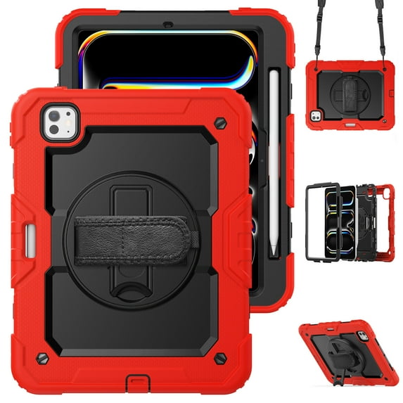 Case for iPad Pro 11 Inch (M4 2024/M5 2025) with Screen Protector, 360 Degree Rotating Kickstand Hand Strap Heavy Duty Shockproof Cover with Shoulder Strap, Red