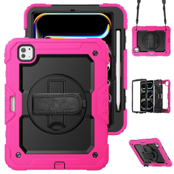 Case for iPad Pro 11 Inch (M4 2024/M5 2025) with Screen Protector, 360 Degree Rotating Kickstand Hand Strap Heavy Duty Shockproof Cover with Shoulder Strap, Rose