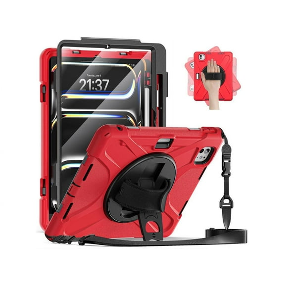 Case for iPad Pro 11 Inch M4 2024 5th Generation A2836/A2837/A3006 with Built-in Screen Protector, 360° Rotating Stand, Adjustable Shoulder Strap, Precise Cutouts, Pencil Holder