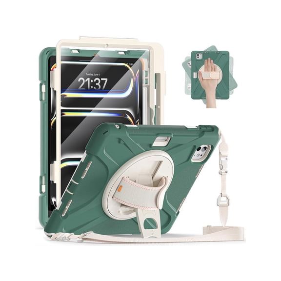 Case for iPad Pro 11 Inch M4 2024 5th Generation A2836/A2837/A3006 with Built-in Screen Protector, 360° Rotating Stand, Adjustable Shoulder Strap, Precise Cutouts, Pencil Holder