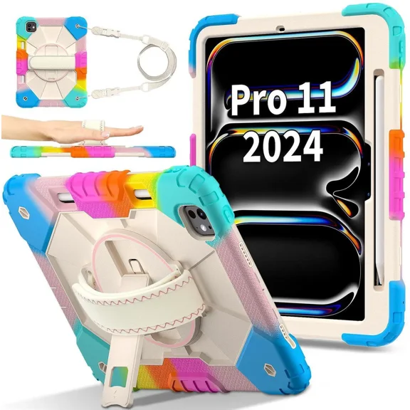 Case for iPad Pro 11 Inch (M4) 2024 Model A2836 A2837 A3006 with Rotating Stand Pencil Holder Hand/Shoulder Strap, Heavy Duty Shockproof Protective Cover