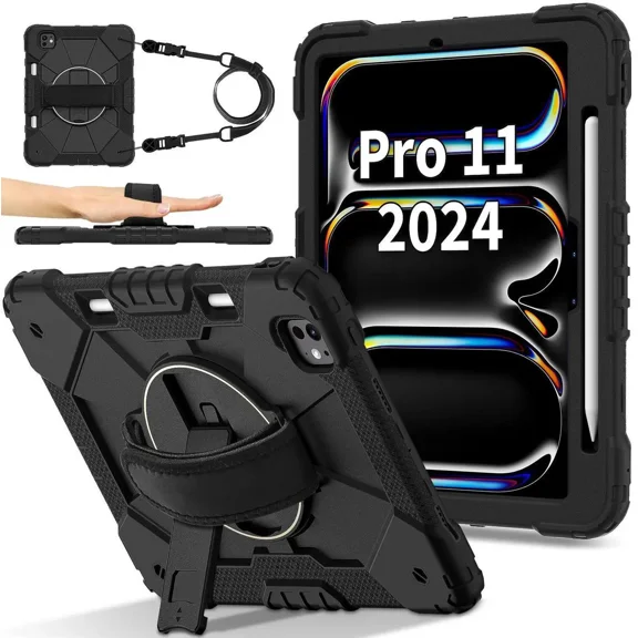 Case for iPad Pro 11 Inch (M4) 2024 Model A2836 A2837 A3006 with Rotating Stand Pencil Holder Hand/Shoulder Strap, Heavy Duty Shockproof Protective Cover
