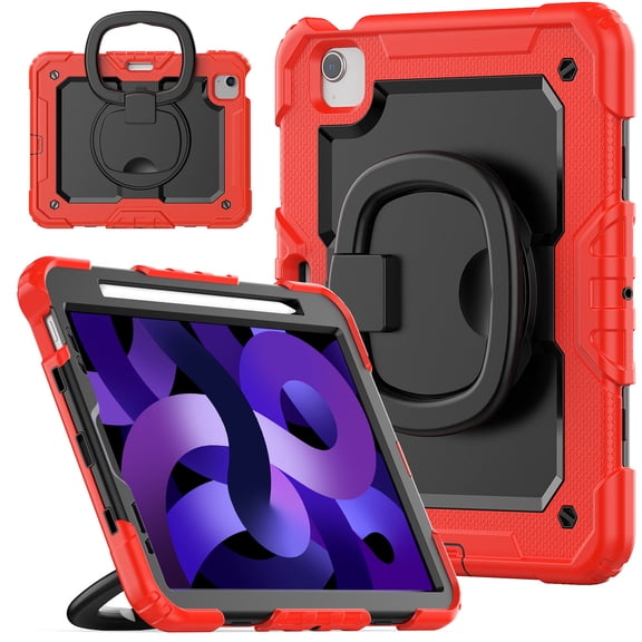 Case for iPad Pro 11 inch 2022/2021/2020/2018 iPad 11 4th/3rd/2nd/1st Gen, 360 Rotating Stand Handle Pencil Holder Shoulder Strap Heavy Duty Shockproof Cover, Red