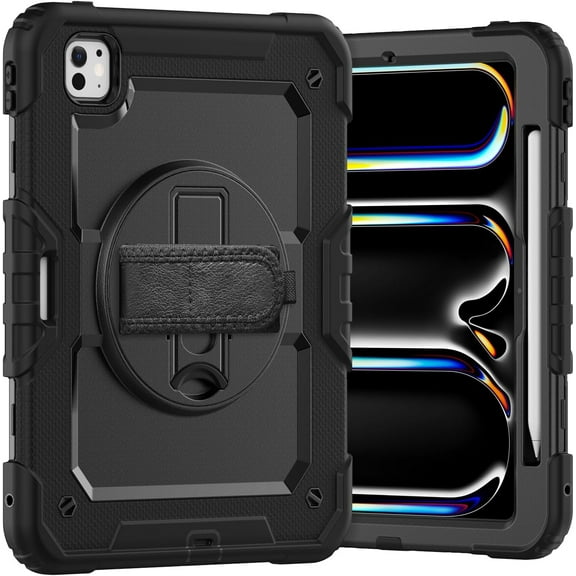 Case for iPad Pro 11 inch (M4) 5th Generation 2024, Heavy Duty Shockproof Protective Case with Screen Protector, 360° Rotating Stand, Hand/Shoulder Strap