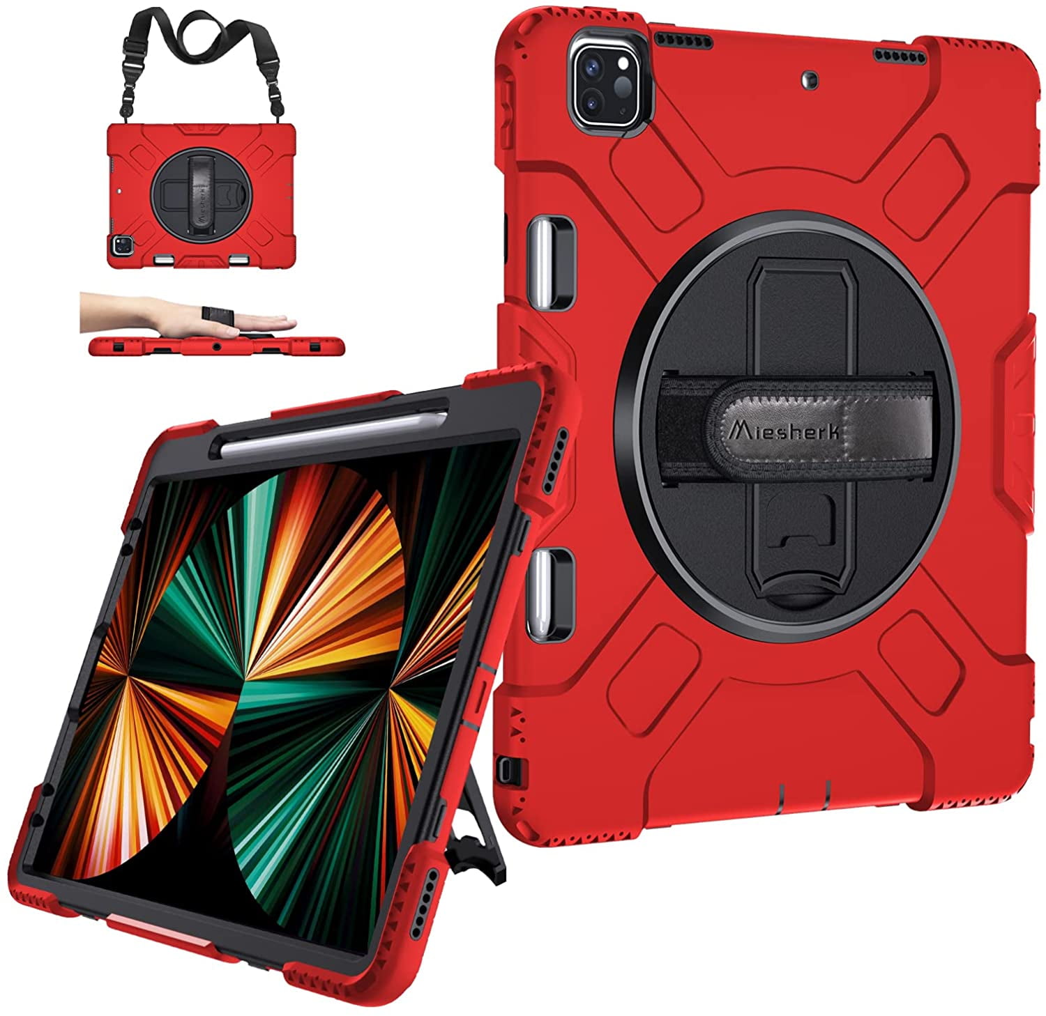 Case for iPad Pro 12.9 2021 5th Generation: Military Grade Heavy Duty Shockproof Silicone Protective Cover for iPad 12.9 Inch 2020 & 2018 w/ Pencil Holder - Stand - Handle - Shoulder Strap- Red