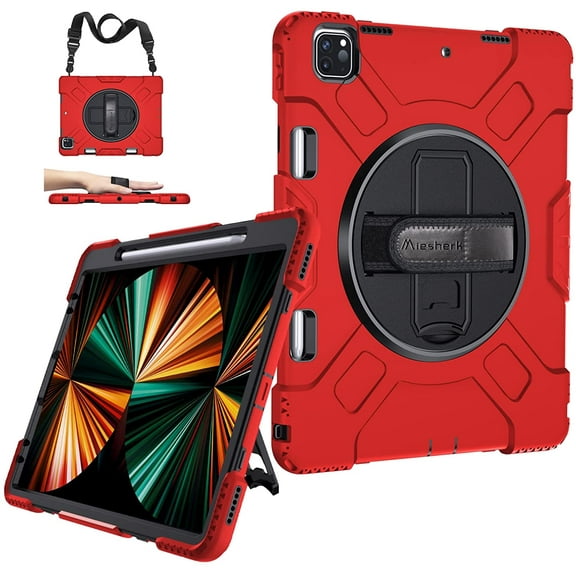 Case for iPad Pro 12.9 2021 5th Generation: Military Grade Heavy Duty Shockproof Silicone Protective Cover for iPad 12.9 Inch 2020 & 2018 w/ Pencil Holder - Stand - Handle - Shoulder Strap- Red