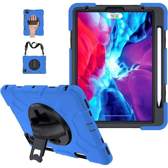 Case for iPad Pro 12.9 2021 5th Generation: Military Grade Heavy Duty Shockproof Silicone Protective Cover for iPad 12.9 Inch 2020 & 2018 w/ Pencil Holder - Stand - Handle - Shoulder Strap- Blue