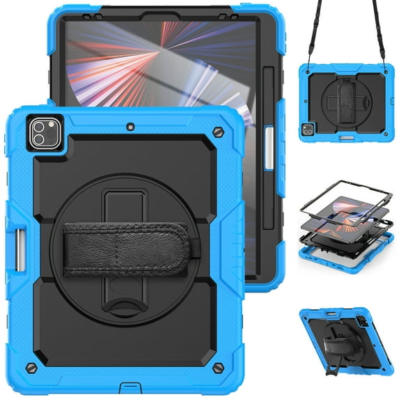 Case for iPad Pro 12.9 2022/2021/2020/2018 6th/5th/4th/3rd Gen with Screen Protector, 360 Degree Rotating Kickstand Hand Strap Shockproof Cover with Shoulder Strap, Sky Blue