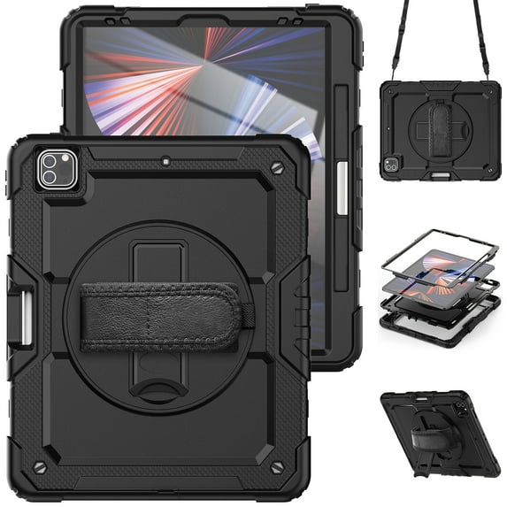 Case for iPad Pro 12.9 2022/2021/2020/2018 6th/5th/4th/3rd Gen with Screen Protector, 360 Degree Rotating Kickstand Hand Strap Shockproof Cover with Shoulder Strap, Black