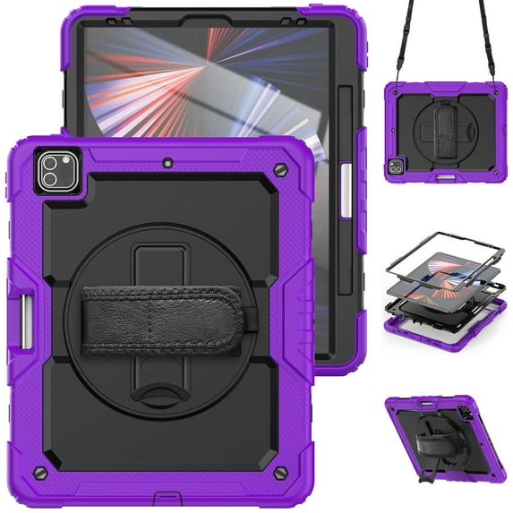Case for iPad Pro 12.9 2022/2021/2020/2018 6th/5th/4th/3rd Gen with Screen Protector, 360 Degree Rotating Kickstand Hand Strap Shockproof Cover with Shoulder Strap, Purple