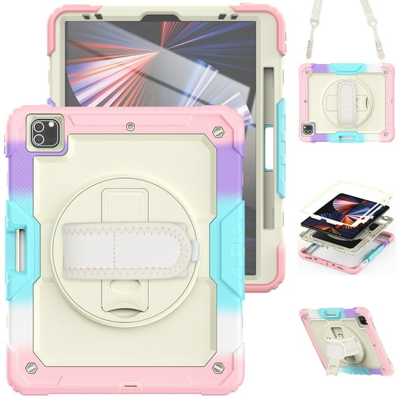 Case for iPad Pro 12.9 2022/2021/2020/2018 6th/5th/4th/3rd Gen with Screen Protector, 360 Degree Rotating Kickstand Hand Strap Shockproof Cover with Shoulder Strap, Rainbow Pink