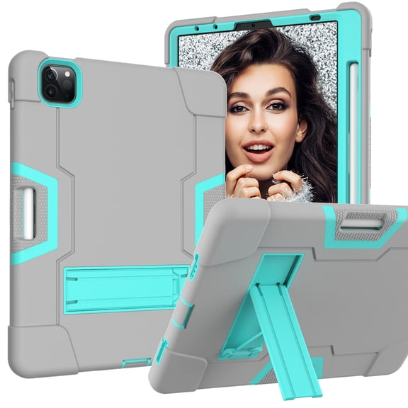 Case for iPad Pro 12.9 Inch 2021/2020/2018, Kickstand Shockproof Kids Proof Case Heavy Duty High Impact Resistant Hybrid Three Layer Rugged Defender Full Body Protection Case, Gray+Mint