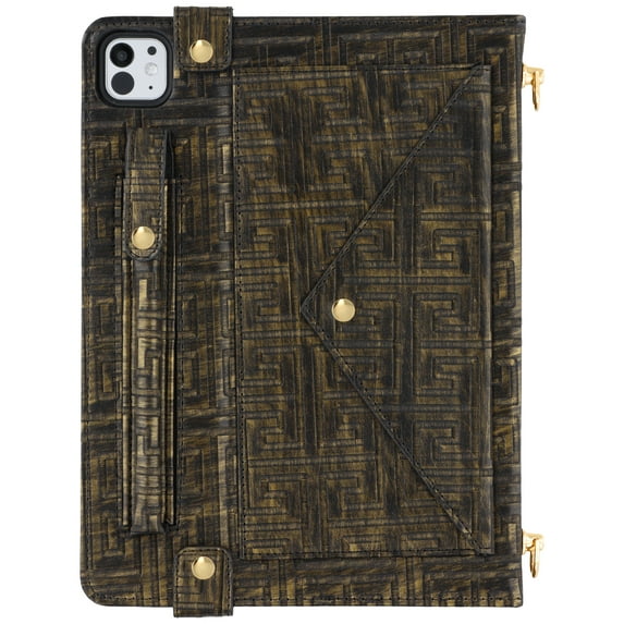 Case for iPad Pro 12.9 inch 6th/5th/4th/3rd, Air 13 inch 2024 with Pencil Holder,Premium PU Leather Business Folio Stand Smart Cover with Shoulder/Hand Strap Card Slots Wallet Case, Blackgold