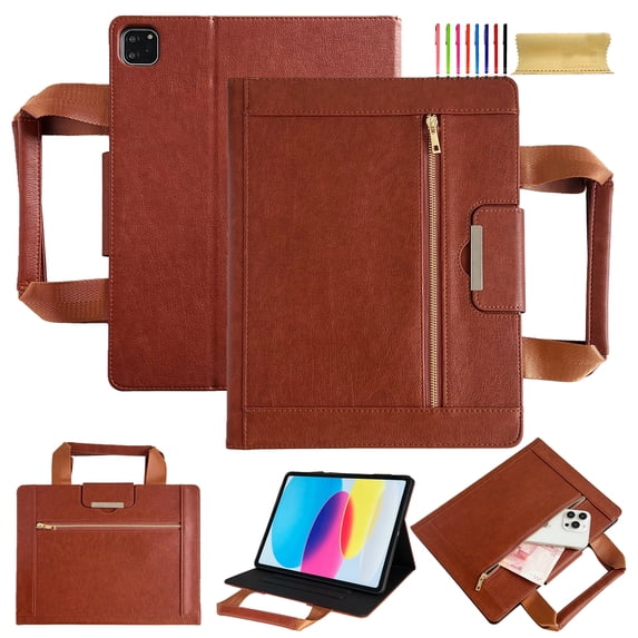 Case for iPad Pro 13" 2024 M4 7th Generation, Classic PU Leather Nylon Hand Strap, Card Slots Kickstand Zipper Pocket Handbag Heavy Duty Protection Rugged Cover for iPad Pro 13 2024, Brown