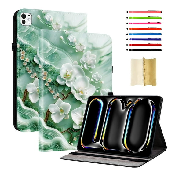 Case for iPad Pro 13 2025 M5 / iPad Pro 13 2024 M4, Slim Kickstand PU Leather Flower Butterfly Pattern Heavy Duty Protection Folio Cover, with 2 Card Slots & Elastic Band & Stylus Slot - A
