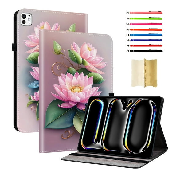 Case for iPad Pro 13 2025 M5 / iPad Pro 13 2024 M4, Slim Kickstand PU Leather Flower Butterfly Pattern Heavy Duty Protection Folio Cover, with 2 Card Slots & Elastic Band & Stylus Slot - D