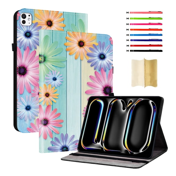 Case for iPad Pro 13 2025 M5 / iPad Pro 13 2024 M4, Slim Kickstand PU Leather Flower Butterfly Pattern Heavy Duty Protection Folio Cover, with 2 Card Slots & Elastic Band & Stylus Slot - G
