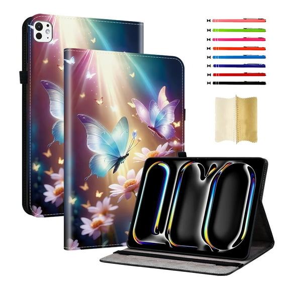 Case for iPad Pro 13 2025 M5 / iPad Pro 13 2024 M4, Slim Kickstand PU Leather Flower Butterfly Pattern Heavy Duty Protection Folio Cover, with 2 Card Slots & Elastic Band & Stylus Slot - E