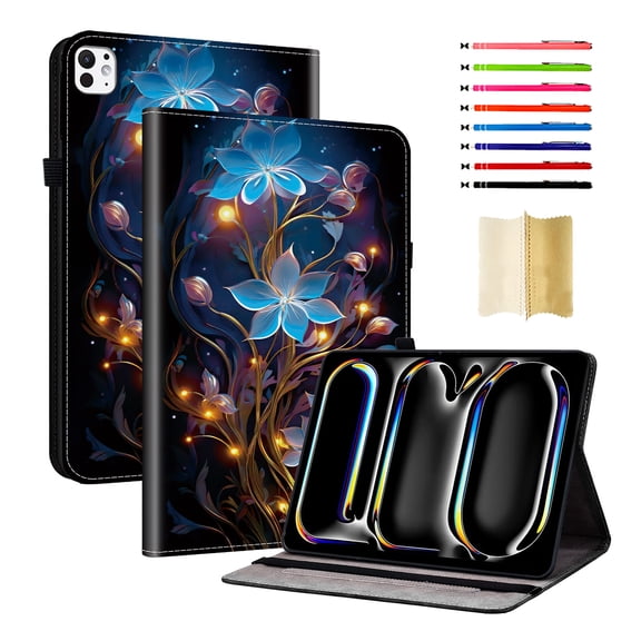 Case for iPad Pro 13 2025 M5 / iPad Pro 13 2024 M4, Slim Kickstand PU Leather Flower Butterfly Pattern Heavy Duty Protection Folio Cover, with 2 Card Slots & Elastic Band & Stylus Slot - B