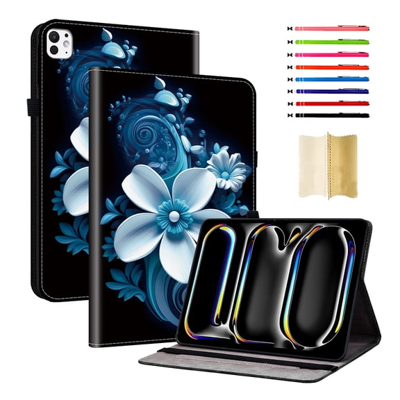 Case for iPad Pro 13 2025 M5 / iPad Pro 13 2024 M4, Slim Kickstand PU Leather Flower Butterfly Pattern Heavy Duty Protection Folio Cover, with 2 Card Slots & Elastic Band & Stylus Slot - C