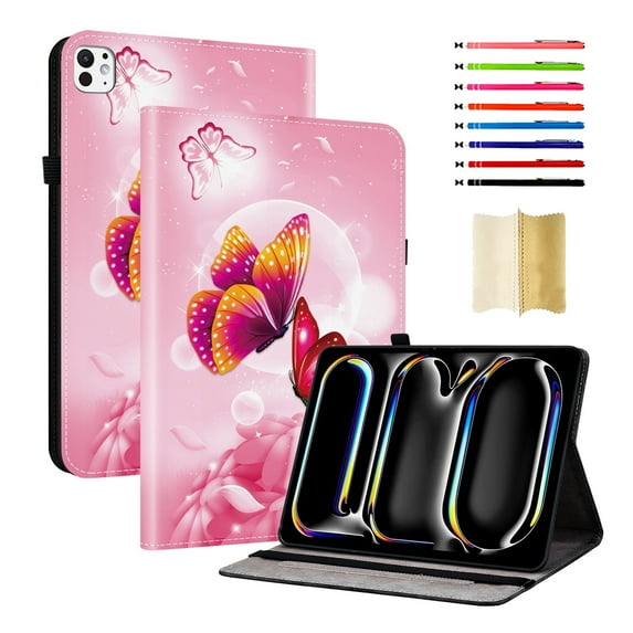 Case for iPad Pro 13 2025 M5 / iPad Pro 13 2024 M4, Slim Kickstand PU Leather Flower Butterfly Pattern Heavy Duty Protection Folio Cover, with 2 Card Slots & Elastic Band & Stylus Slot - F