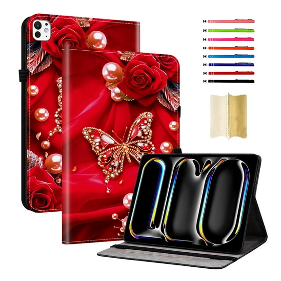 Case for iPad Pro 13 2025 M5 / iPad Pro 13 2024 M4, Slim Kickstand PU Leather Pattern Card Slots Elastic Band Stylus Slot Protective Heavy Duty Protection Folio Cover - B