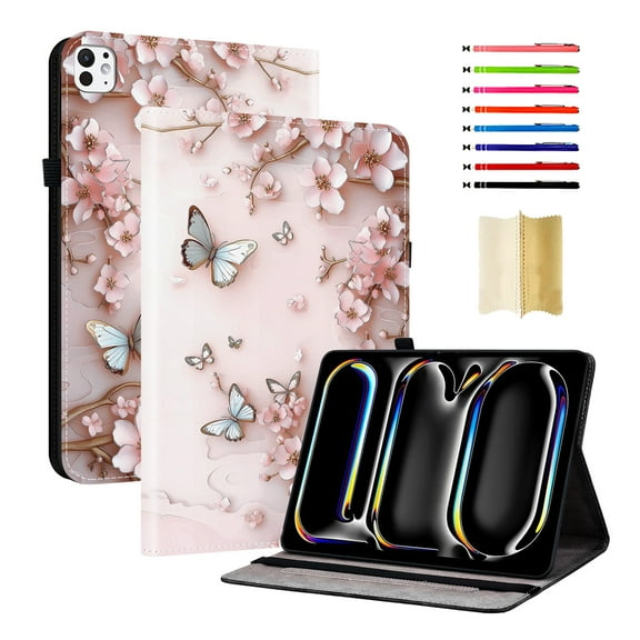 Case for iPad Pro 13 2025 M5 / iPad Pro 13 2024 M4, Slim Kickstand PU Leather Pattern Card Slots Elastic Band Stylus Slot Protective Heavy Duty Protection Folio Cover - A