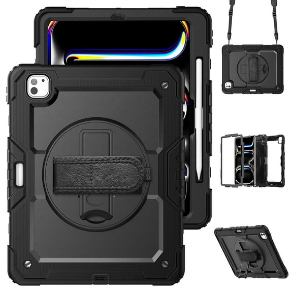 Case for iPad Pro 13 inch (2025 M5/2024 M4) with Screen Protector, 360 Degree Rotating Kickstand Hand Strap Heavy Duty Shockproof Cover with Shoulder Strap, Black