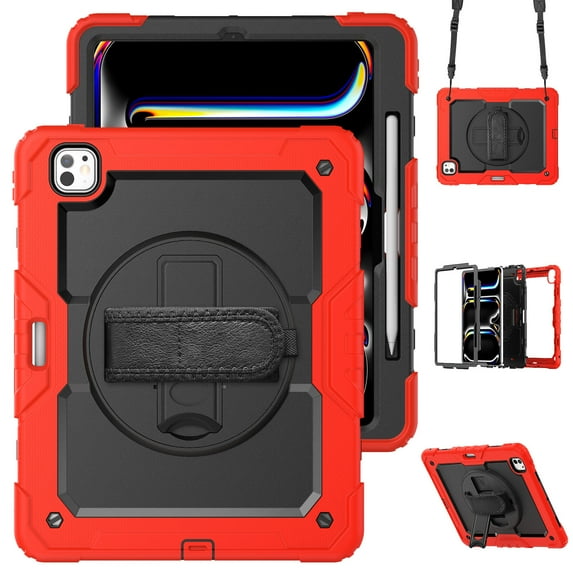 Case for iPad Pro 13 inch (2025 M5/2024 M4) with Screen Protector, 360 Degree Rotating Kickstand Hand Strap Heavy Duty Shockproof Cover with Shoulder Strap, Red