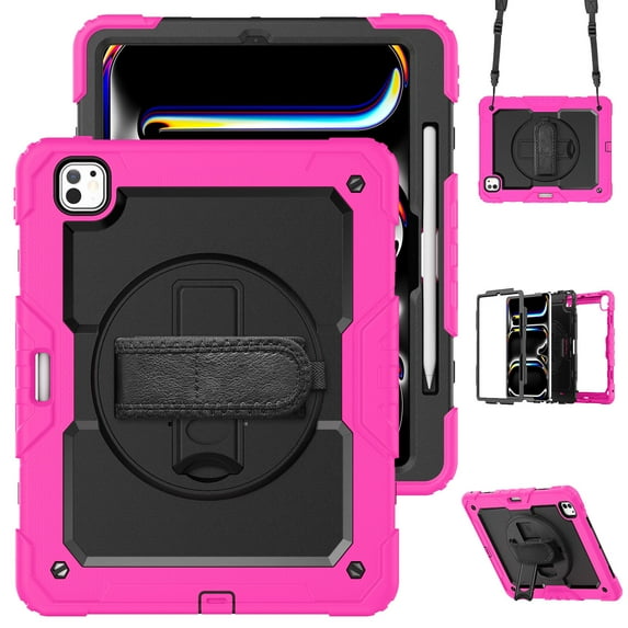 Case for iPad Pro 13 inch (2025 M5/2024 M4) with Screen Protector, 360 Degree Rotating Kickstand Hand Strap Heavy Duty Shockproof Cover with Shoulder Strap, Rose