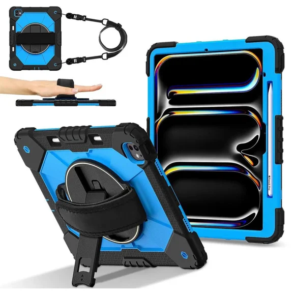 Case for iPad Pro 13 inch M4 2024 (7th Generation) Model A2925/A2926/A3007 with Rotating Stand Pencil Holder Hand/Shoulder Strap, Heavy Duty Shockproof Protective Cover