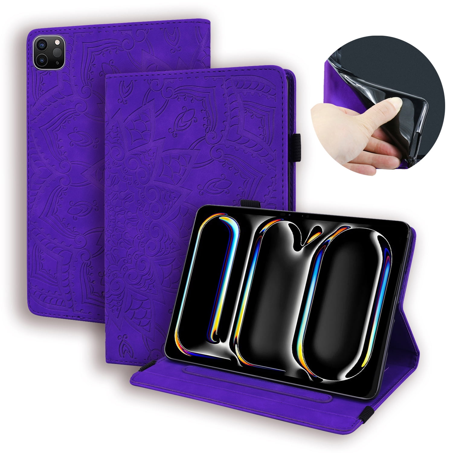 Case for iPad Pro 13 inch (M4) 2024, Multi-Angle Viewing Folio Stand Smart Shell Embossed Pattern PU Leather Cover with Auto Sleep/Wake with Pencil Holder Card Slot Tablet Case, Purple