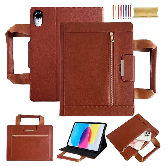 Case for iPad mini 2024 / mini 2021, Classic PU Leather Nylon Hand Strap, Card Slots Kickstand Zipper Pocket Handbag Heavy Duty Protection Rugged Cover for iPad mini 7th/6th, Brown