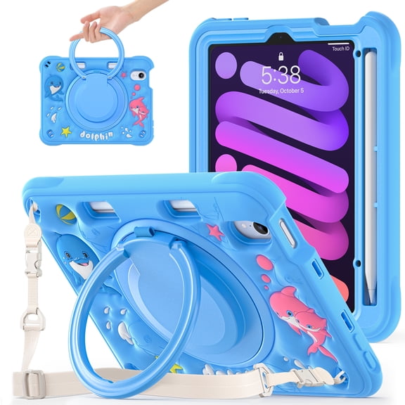 Case For iPad mini 6 (2021) / mini 7 (A17 Pro) 2024 8.3 inch Multi-Protective Cute Soft Bubbles Cover With 360 Degree Rotating Stand and Shoulder Strap