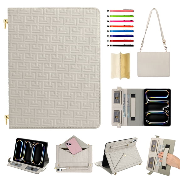 Case for iPad mini 6/mini 2024, Folio Stand PU Leather Rugged Cover with Shoulder Strap and Handstrap with elastic, Multi-Card Slots Cash Pockets Pen Slot Envelope Pocket Wallet Case, Beige