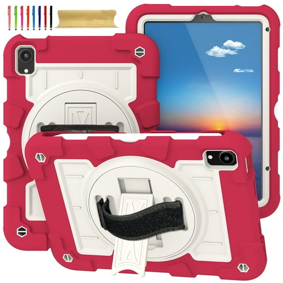 Case for iPad mini 6th Gen 8.3" 2021, Heavy Duty Kids Case with Kickstand & Pencil Holder & 360 Rotating Hand Strap & Crossbody Strap Case Cover for iPad mini 6th Generation - Red