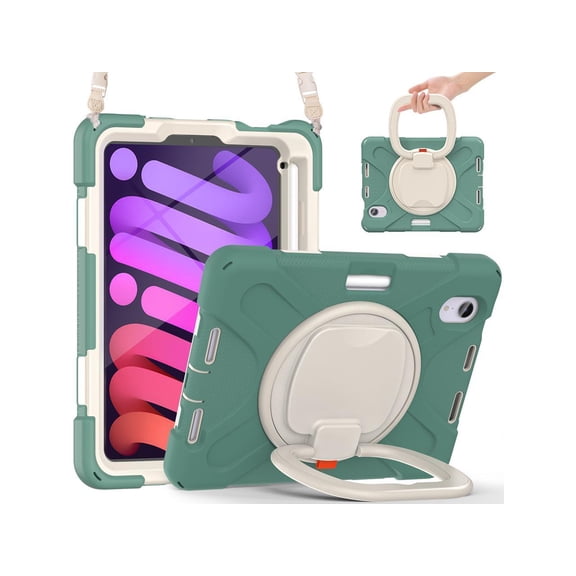 Case for iPad mini 7 (A17 Pro) 2024 / Mini 6 2021 8.3 inch with Rotating Stand / Hand Strap / Shoulder Strap / Pencil Holder Shockproof Kids Cover for iPad Mini 6th Generation 8.3 inch