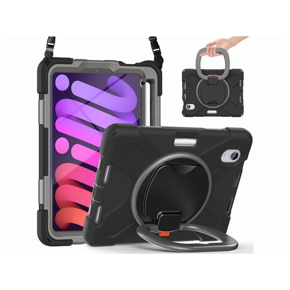 Case for iPad mini 7 (A17 Pro) 2024 / Mini 6 2021 8.3 inch with Rotating Stand / Hand Strap / Shoulder Strap / Pencil Holder Shockproof Kids Cover for iPad Mini 6th Generation 8.3 inch