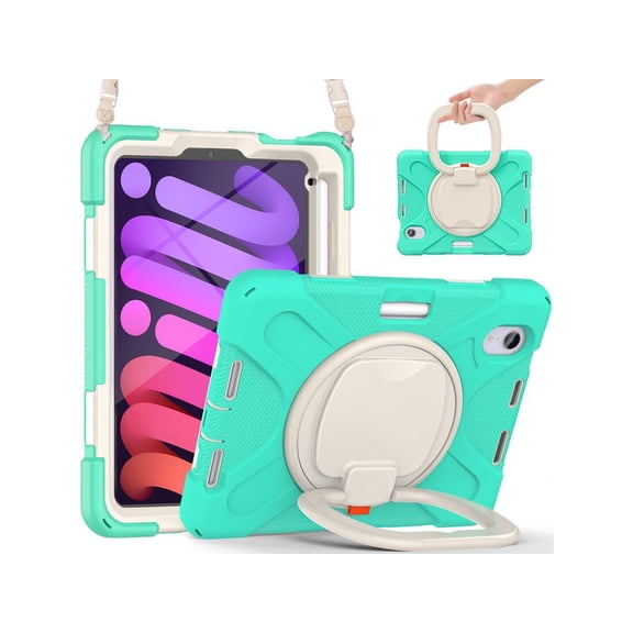 Case for iPad mini 7 (A17 Pro) 2024 / Mini 6 2021 8.3 inch with Rotating Stand / Hand Strap / Shoulder Strap / Pencil Holder Shockproof Kids Cover for iPad Mini 6th Generation 8.3 inch