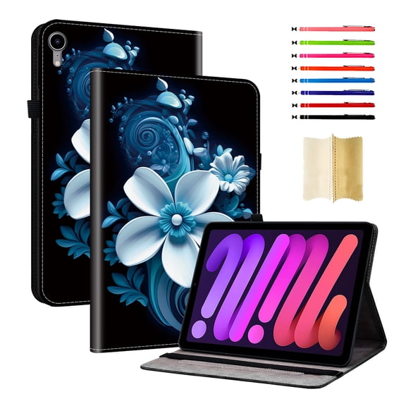 Case for iPad mini 7th Gen (A17 Pro) 2024 8.3" / mini 6 2021, Slim Kickstand PU Leather Flower Butterfly Pattern Heavy Duty Protection Folio Cover, with 2 Card Slots & Elastic Band & Stylus Slot - C