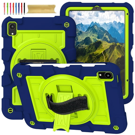 Case for iPad mini 7th Generation (A17 Pro) 2024 8.3", Heavy Duty Kids Case with Kickstand & Pencil Holder & 360 Rotating Hand Strap & Crossbody Strap Case Cover for iPad mini 2024 - Darkblue