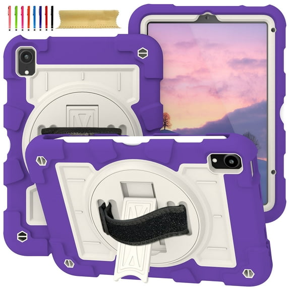 Case for iPad mini 7th Generation (A17 Pro) 2024 8.3", Heavy Duty Kids Case with Kickstand & Pencil Holder & 360 Rotating Hand Strap & Crossbody Strap Case Cover for iPad mini 2024 - Purple