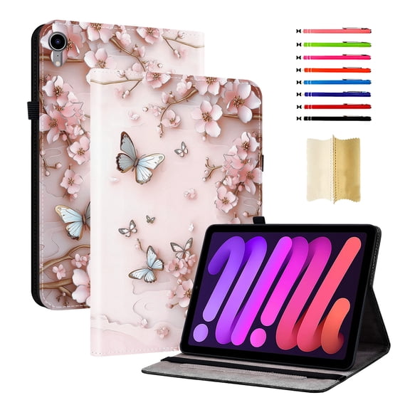 Case for iPad mini 8.3" 7th Gen 2024 / iPad mini 6th Gen 2021, Slim Kickstand PU Leather Pattern Card Slots Elastic Band Stylus Slot Protective Heavy Duty Protection Folio Cover - A