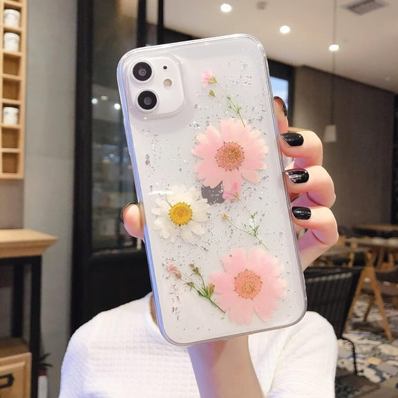 Case for iPhone 11 6.1 inch, Bling Glitter Sequin Handmade Real Dried Flower Leaf Embedded Pressed Floral Flexible Soft Rubber Gel TPU Protective Bumper Back Cover - Pink Flower
