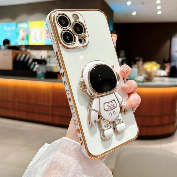 Case for iPhone 11 with Astronaut Stand,Luxury Plating Electroplate Case with Camera Protection Cute Love Heart Side Pattern Soft Silicone Shockproof Kickstand Cover iPhone 11-White